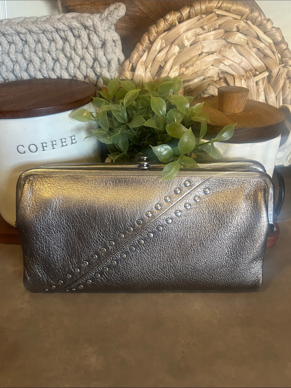 HOBO original Lauren Metallic Pewter Stud-Trim Women's Clutch Wallet NWOT